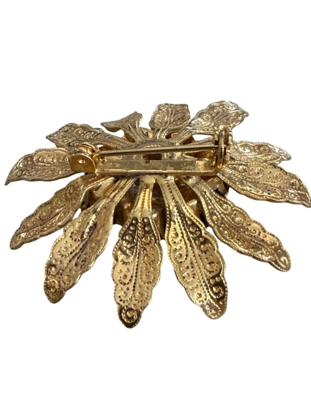 Vintage Bright Gold-Tone Floral Brooch Red Rhinestone Accents Ornate 2" - Picture 3 of 6